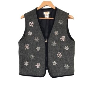 Vintage Talbots Full zip V-neck snowflake tweed sweater vest black white Medium